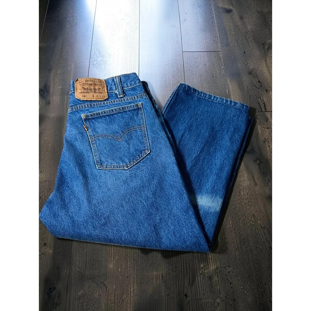 Vintage Levis 505 Orange Tab Jeans Medium Wash Blue Denim W33 L21 Modified Hem